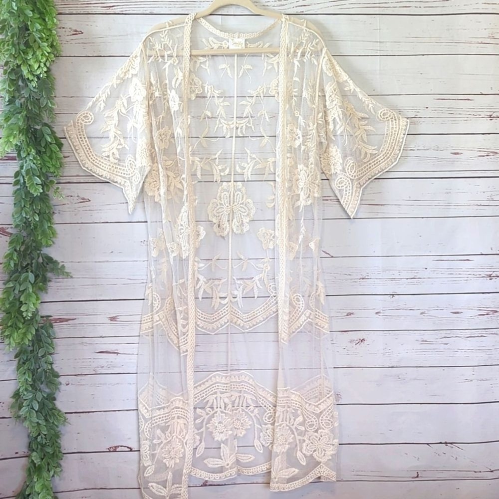 Siren Lily Maternity Women's Large Cream Maternity Lace Duster Kimono Romantic
